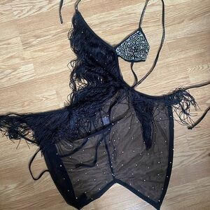 12th Tribe Black Fringe and Rhinestone Mesh Dress